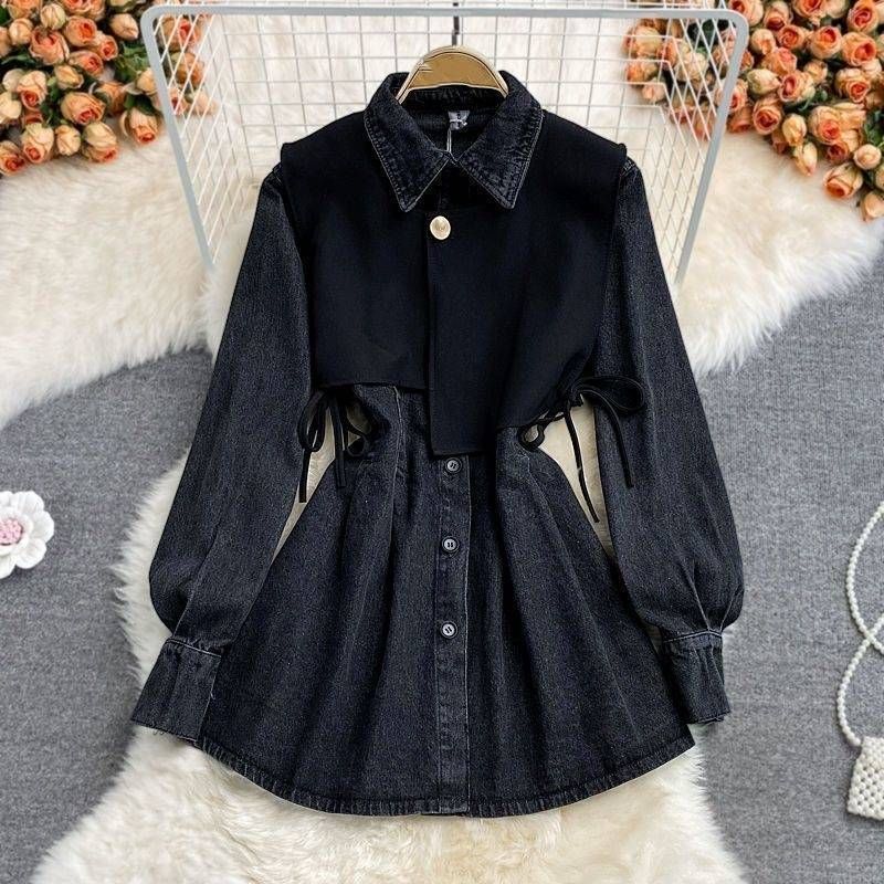 Women's Clothing Retro High End Short Vest Layered Denim Shirt Skirt Two Piece Suit_mkmklike.com