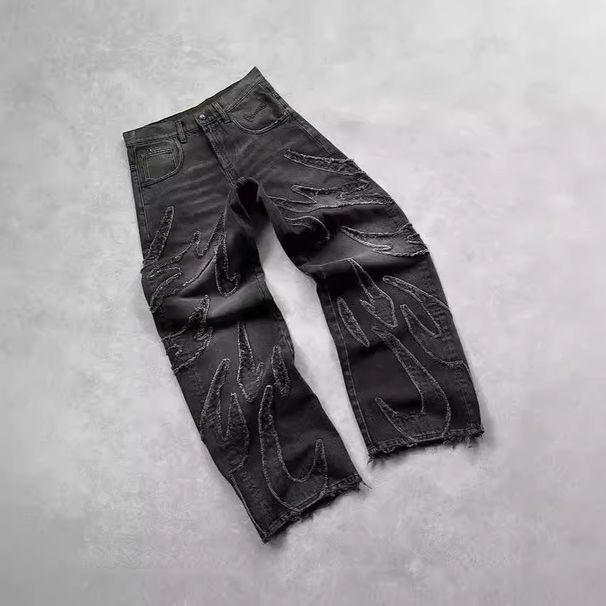 Men's Clothing Retro Flame Stitching Wide Leg Jeans Y2k Hip Hop Punk Raw Edge Embroidery Jeans_mkmklike.com