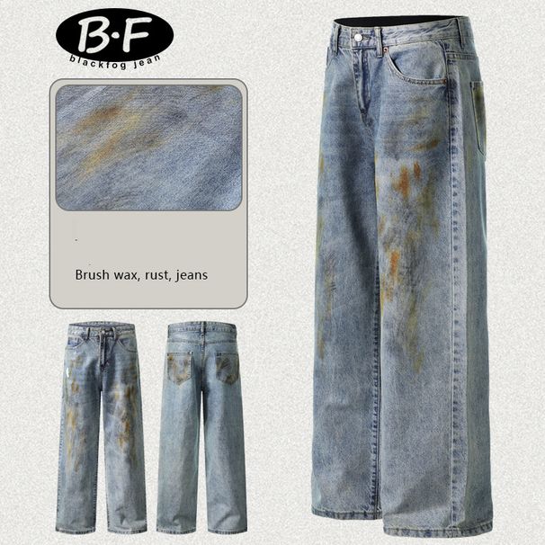 Men's Clothing Heavy Industry Large Baggy Blue Brush Wax Coating Spray Dirty Loose Wax Surface Jeans_mkmklike.com