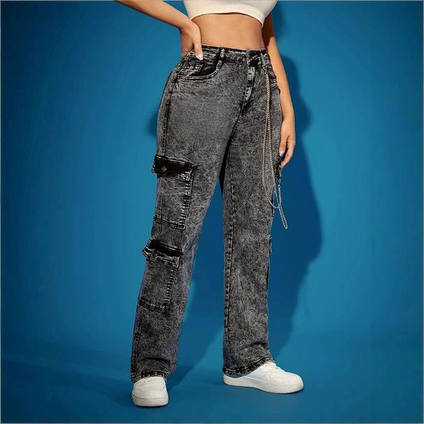 Men’s & Women’s High-Stretch Cargo Jeans – Utility Pants With Multiple Pockets & Chain Accents (Black, S-5XL)_mkmklike.com