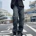 Men's Vintage Washed Denim Jacquard Printed Pants Straight-Leg Cut Retro High Street Aesthetic Jeans_mkmklike.com