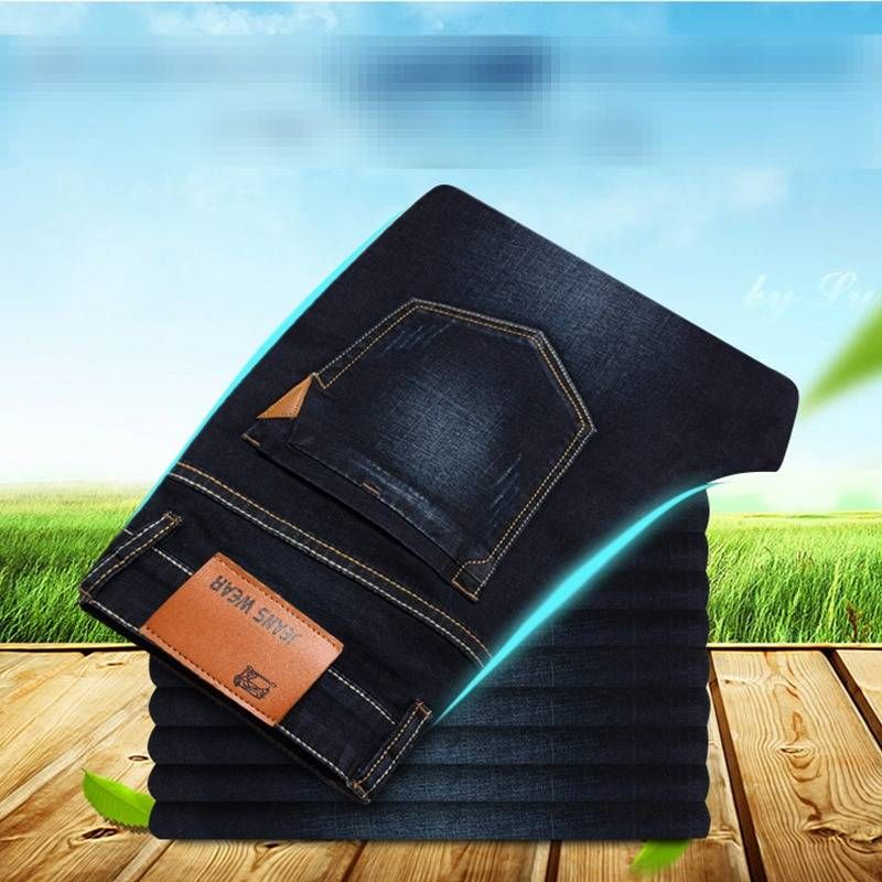 Brother Wang Men's Classic Style Stretch Slim Jeans Business Casual Denim Pants Light Blue Black Trousers Male_mkmklike.com