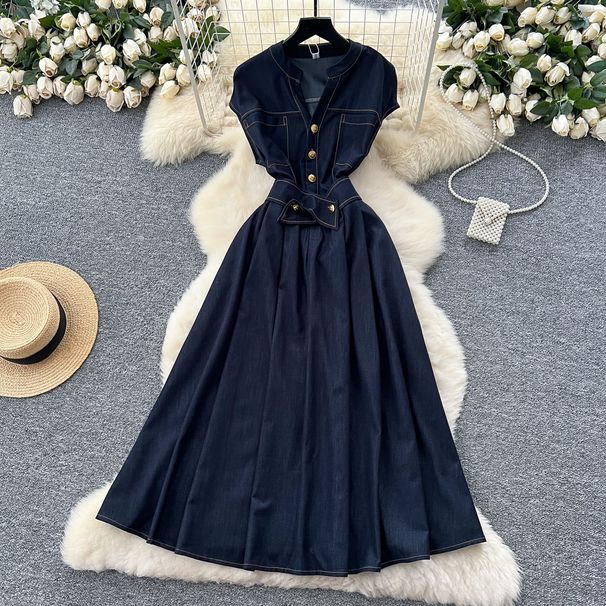 Women's Clothing Retro V Neck Metal Buttoned Exposed Waist Temperament Sleeveless Dress For Women Summer Slim Elegant Denim Long Skirt_mkmklike.com