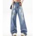 Women's Graffiti Print Denim Jeans – High Street Style, Loose Fit Straight Leg With Slight Flare_mkmklike.com