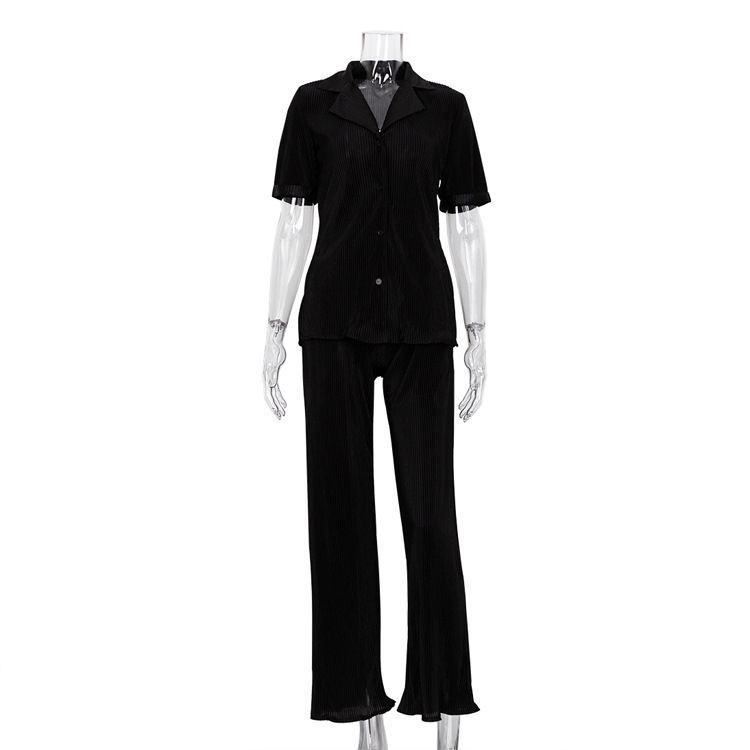 Women's Clothing Short-sleeved Shirt Elegant Pleated High Waist Wide-leg Pants Set_mkmklike.com