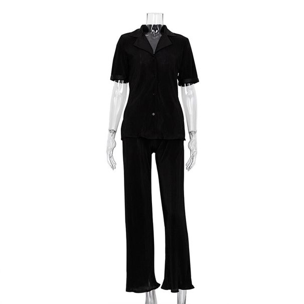 Women's Clothing Short-sleeved Shirt Elegant Pleated High Waist Wide-leg Pants Set_mkmklike.com