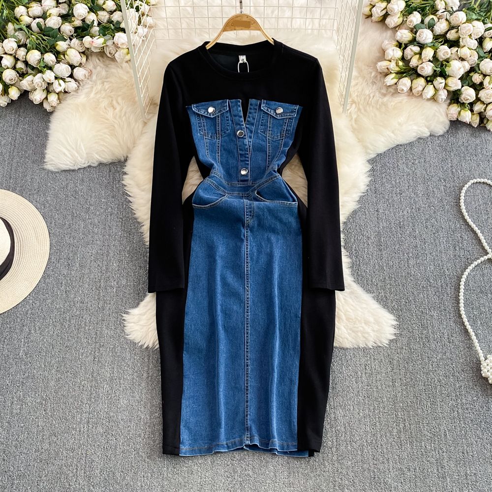 ladylike Temperament Short-sleeved Round Neck Waist Slimming Denim Splicing A-line Dress Casual T-shirt Skirt_mkmklike.com