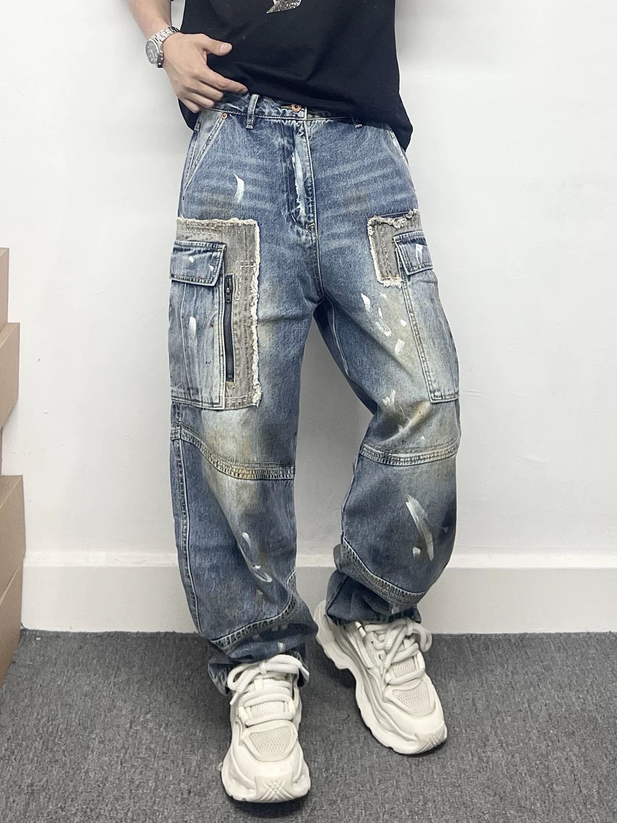 Men's Distressed Washed Denim Jeans – Oversized Cargo Pants With Paint Splatter & Multi-Pocket Design (Straight Fit) – Heavyweight Workwear Pants_mkmklike.com