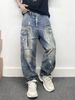 Men's Distressed Washed Denim Jeans – Oversized Cargo Pants With Paint Splatter & Multi-Pocket Design (Straight Fit) – Heavyweight Workwear Pants_mkmklike.com