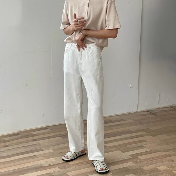 Nordmann White Jeans Men Spring Autumn Korean Chic Retro Versatile Casual Pants Straight Loose Solid Color Wide Leg Trousers_mkmklike.com
