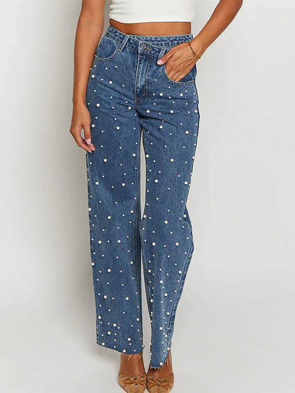 K European And American Women's Diagonal Waist Cross Retro Nail Bead Straight Tube Fringed Denim Pants_mkmklike.com