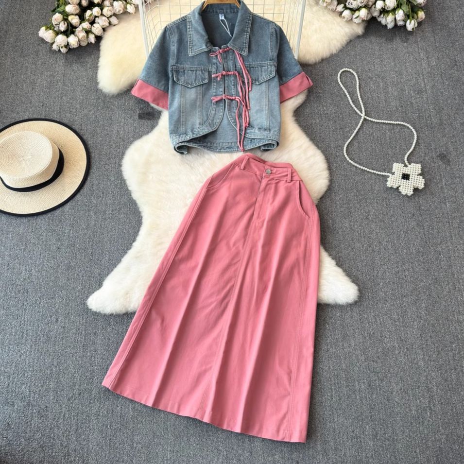 Women's Clothing Pink Denim Fashion Suit Skirt Two Piece Suit Women's High Waist Slim Skirt New Style Girly_mkmklike.com