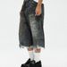 Distressed Mud-Dye Denim Shorts - Vintage Washed A-Line Cropped Pants With Frayed Hem & Cat Whisker Details, Indigo Blue_mkmklike.com