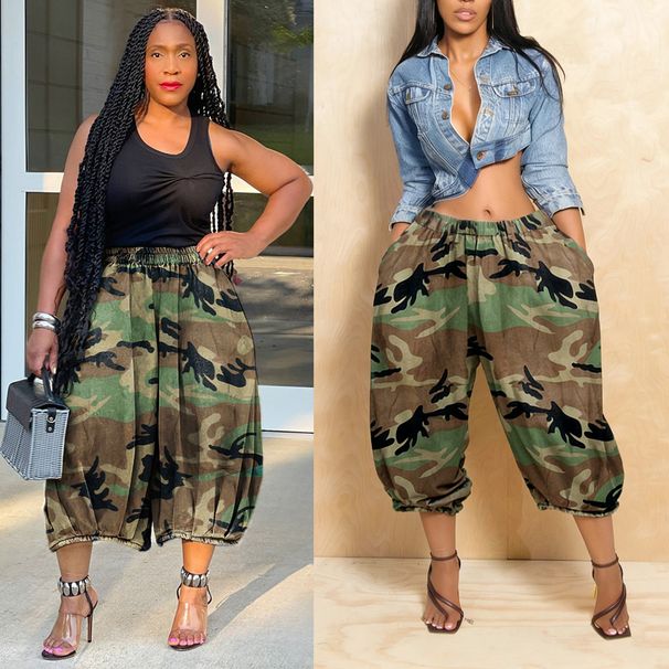 Women's Clothing Women's Camouflage Print Capri Pants Fashionable Casual Jeans Style Elastic Waist Straight Leg_mkmklike.com