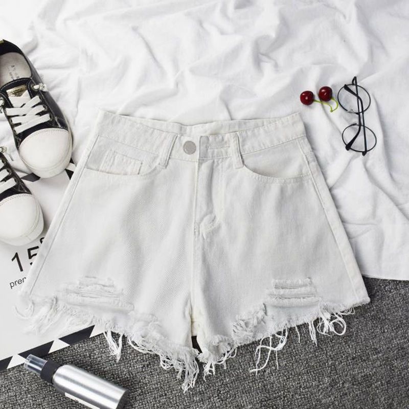 Women's High Waist Denim Shorts Korean Style plus Size Loose Wide Leg A-Line Ripped Frayed Hem Trendy Hot Pants Summer 2022_mkmklike.com