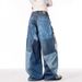 Spring And Autumn American High Street Retro Design Patch Splicing Printed Jeans Men's And Women's Loose Straight Wide-leg Trousers_mkmklike.com