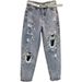 Distressed Dad Jeans For Women – High Waisted Loose Fit Denim Pants With Rhinestone Embellishments (90s Vintage Style, Cropped Length)_mkmklike.com