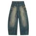 Post-apocalyptic Style Washed Ink Splash Denim Scimitar Pants Men's Street Fashion Punk Braided Chain Decor Design_mkmklike.com
