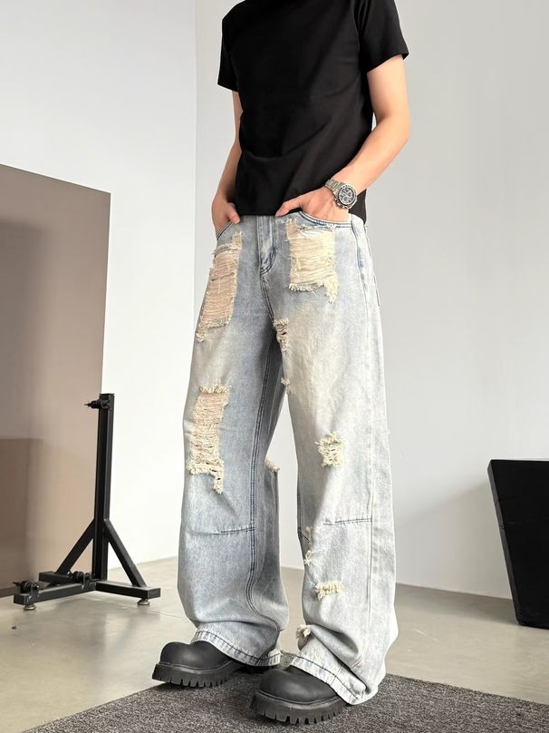 Distressed Jeans For Women, Summer Loose Slimming Straight Low Waist Washed Vintage Wide Leg Pants_mkmklike.com