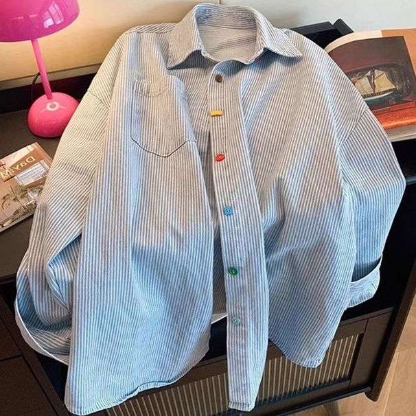 Chicco Vintage Distressed Blue And White Striped Long Sleeve Denim For Women, Autumn 2024 New Design With Colorful Button_mkmklike.com