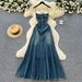 Vintage French Style Square Neck Halter Denim Dress - Elegant Backless Midi Dress With Single Row Buttons For Women_mkmklike.com