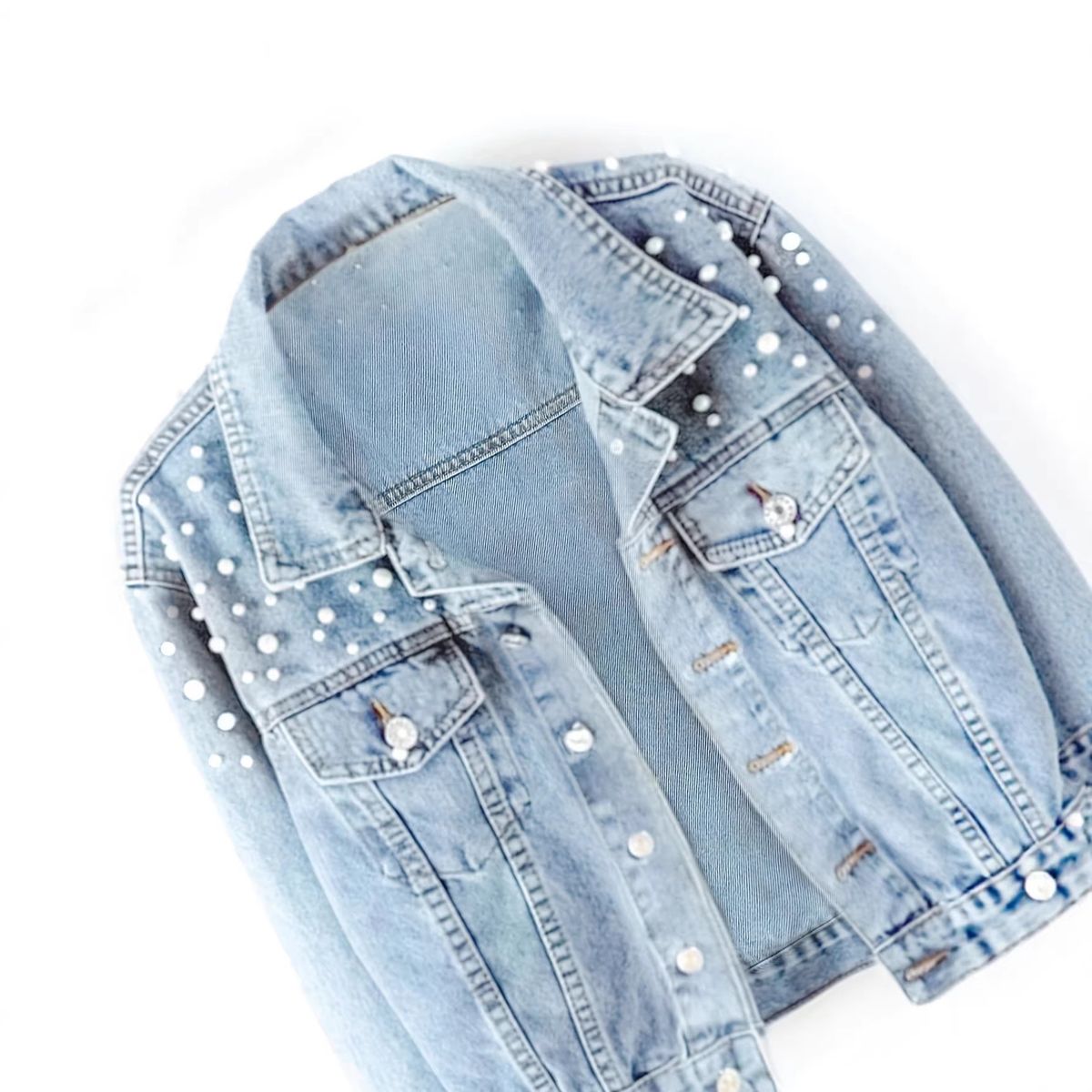 Women's Pearl Rhinestone Denim Jacket Light Blue Washed Distressed Loose Fit Y2K Style_mkmklike.com