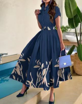 Women's Clothing shirt collar large swing positioning flower print short sleeve button dress with belt_mkmklike.com