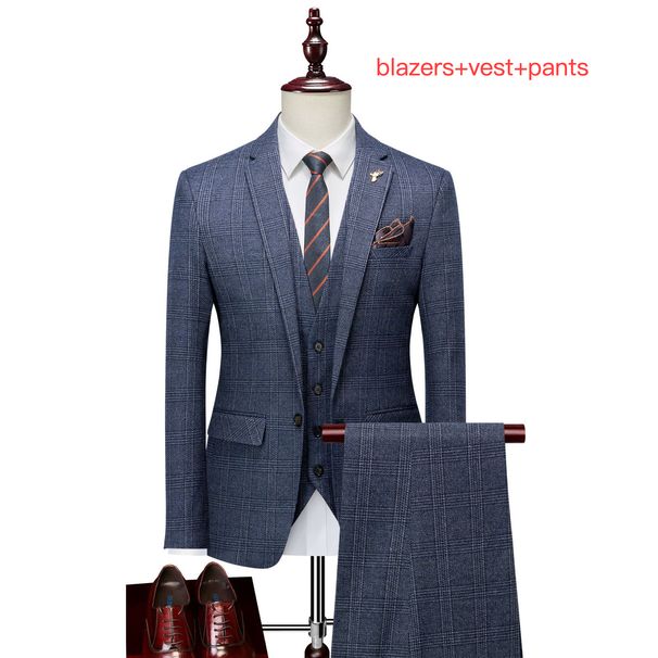 3pcs men's clothing check slim casual suit blazer set_mkmklike.com