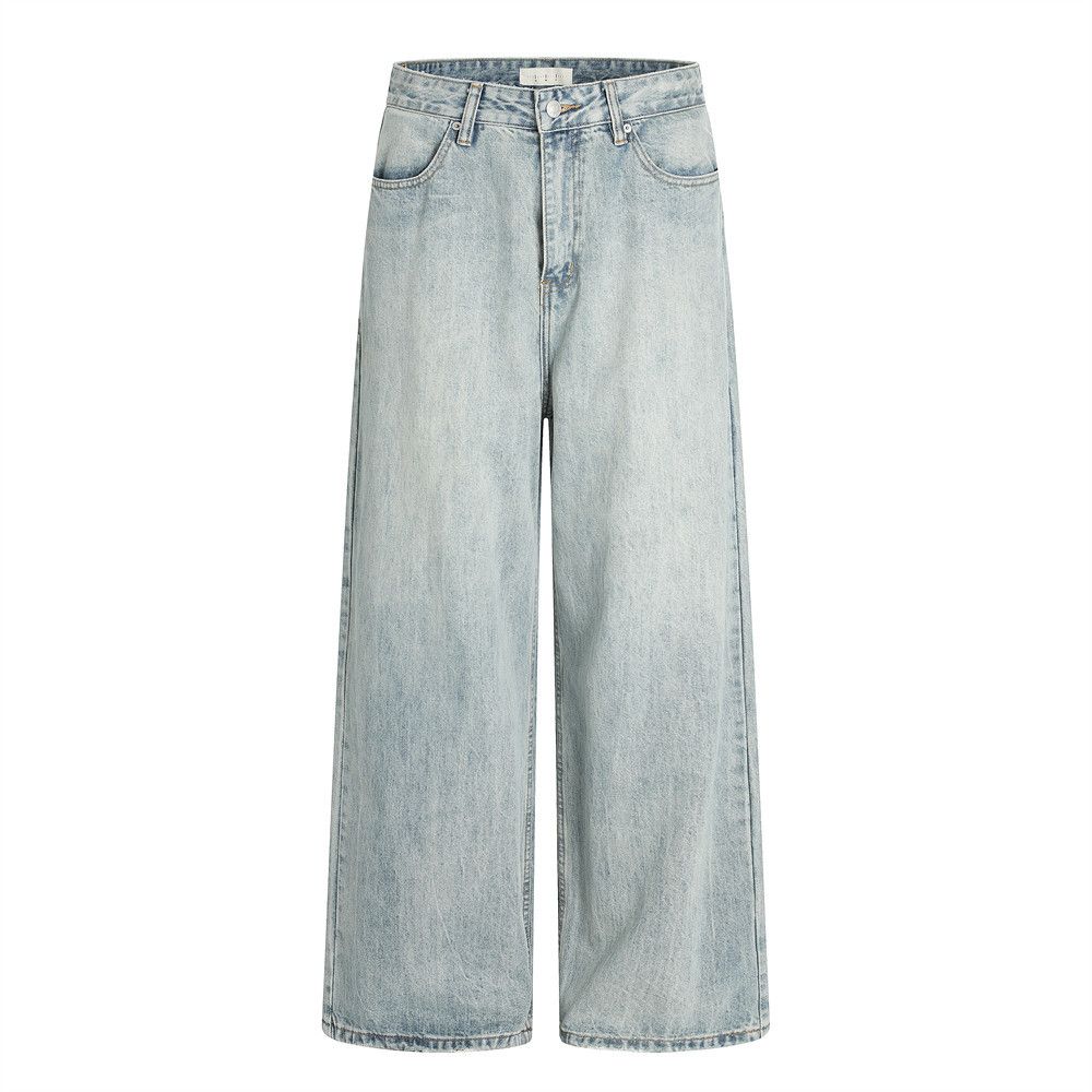 Punk Washed Denim Wide-Leg Men Loose Versatile Distressed Casual Straight Long Pants Cleanfit Trend_mkmklike.com