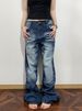 Unisex Vintage Washed Denim Pants - Straight Leg With Subtle Flare, Distressed Cat Whisker & Lightning Details For Men Women_mkmklike.com