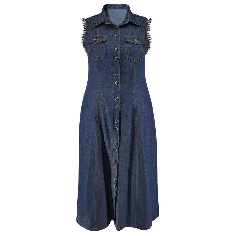 K Large Size Women's Button Up Cardigan Denim Long Dress_mkmklike.com