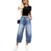 European And American Foreign Trade Cross-border Best-selling Women's Elastic Waist Jeans, Loose Fit, Slimming, Washed_mkmklike.com