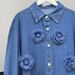 Retro Denim Shirt Jacket – Oversized Boyfriend Style With Floral Embroidery (One Size, Polo Collar, Light/Indigo Wash)_mkmklike.com