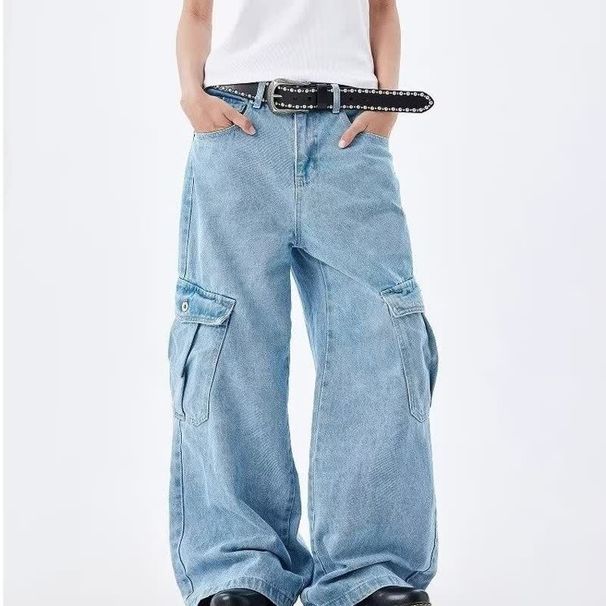Retro Washed Light Blue Jeans For Men And Women 2025 Summer European And American Multi Pocket Straight Workwear Casual Trousers Trend_mkmklike.com