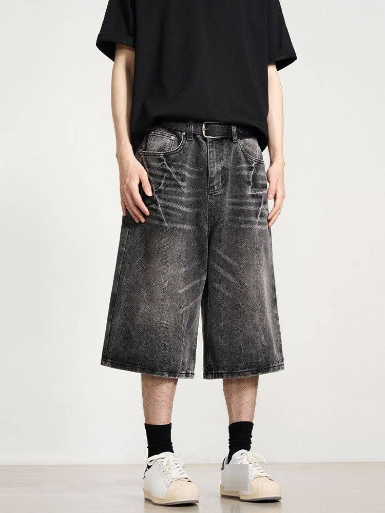 Lightning Bolt Vintage Denim Shorts, Unisex Retro Hip-Hop Baggy Cargo Pants, Distressed Washed Cotton Capri For Men & Women_mkmklike.com