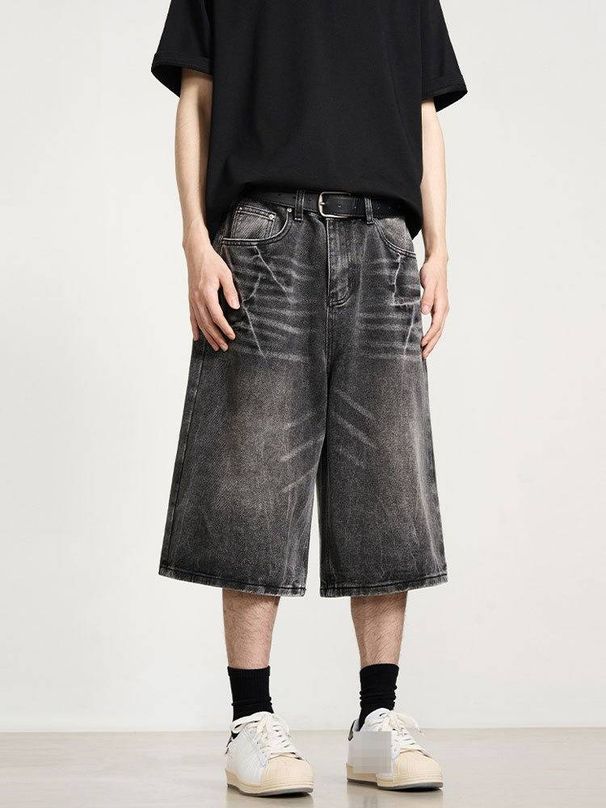 Lightning Bolt Vintage Denim Shorts, Unisex Retro Hip-Hop Baggy Cargo Pants, Distressed Washed Cotton Capri For Men & Women_mkmklike.com