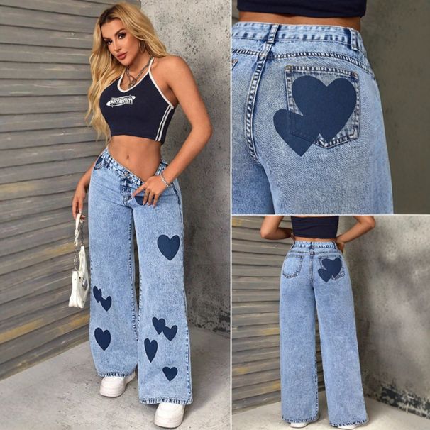 Women's Clothing Retro Women's Denim Trousers Heart Print Loose Fit European American Style For Formal & Casual_mkmklike.com