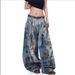 2027 Fashion European-USA Wasteland Style Post-Apocalyptic Stained Jeans Women Cotton Mid Waist Random Needle Embroidery Do Old Wide-Leg Denim Pants_mkmklike.com
