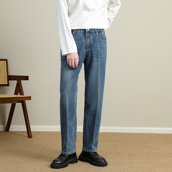 Korean Style Stretch Waist Tapered Jeans For Men – Light Wash Vintage Straight Leg Casual Pants_mkmklike.com
