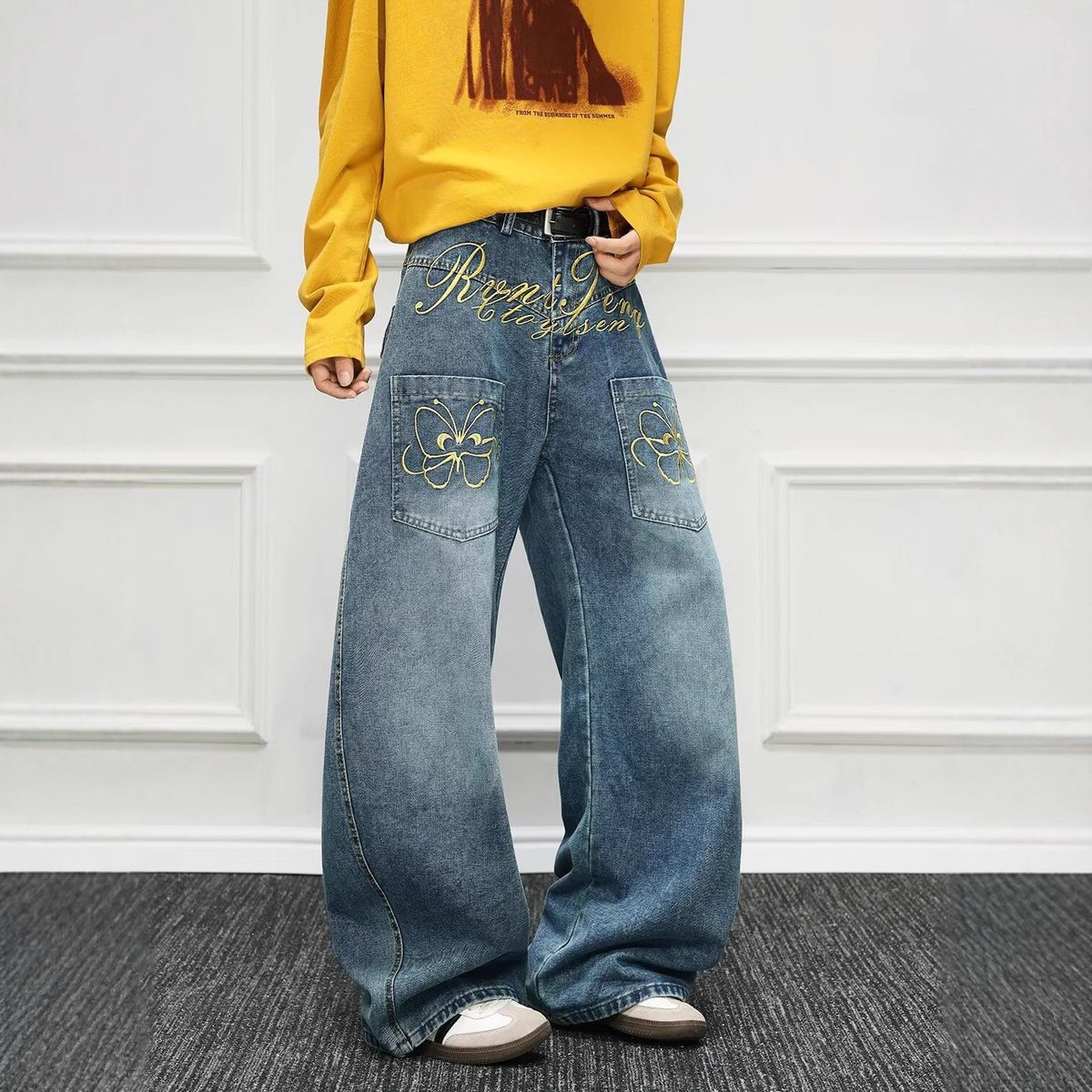 Butterfly Embroidered Washed Jeans – Unisex Baggy Streetwear Denim Pants With Distressed Finish (S-3XL)_mkmklike.com