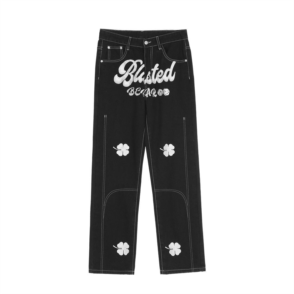 Men's Clothing Embroidered Letters And Topstitched Jeans For Men Trendy Brands Loose Straight Pants Trendy Casual Pants Trousers_mkmklike.com