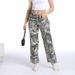 Women's Low-Rise Flared Jeans - Printed Botanical Design & Stretch Denim (S-2XL, Trendy Wide-Leg For Casual Chic)_mkmklike.com