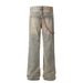 Men's American Style Washed Distressed Straight Leg Jeans Loose Fit mid Waist with Red Chain Side Detail And Yellow Mud Dye_mkmklike.com