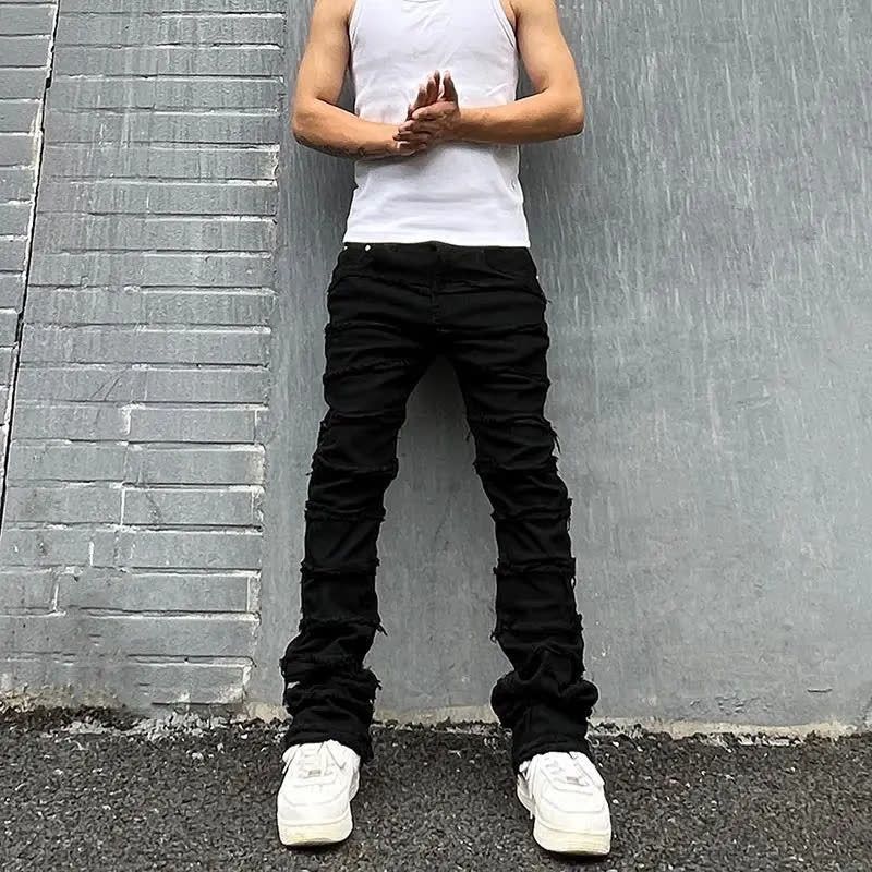 Men’s High Street Vintage Black Jeans Slim Straight-Leg Distressed Denim Pants With Stretch, Mid-Rise Casual Trousers For Streetwear & Urban Fashion_mkmklike.com