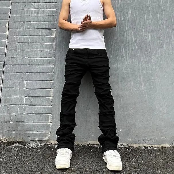 Men’s High Street Vintage Black Jeans Slim Straight-Leg Distressed Denim Pants With Stretch, Mid-Rise Casual Trousers For Streetwear & Urban Fashion_mkmklike.com