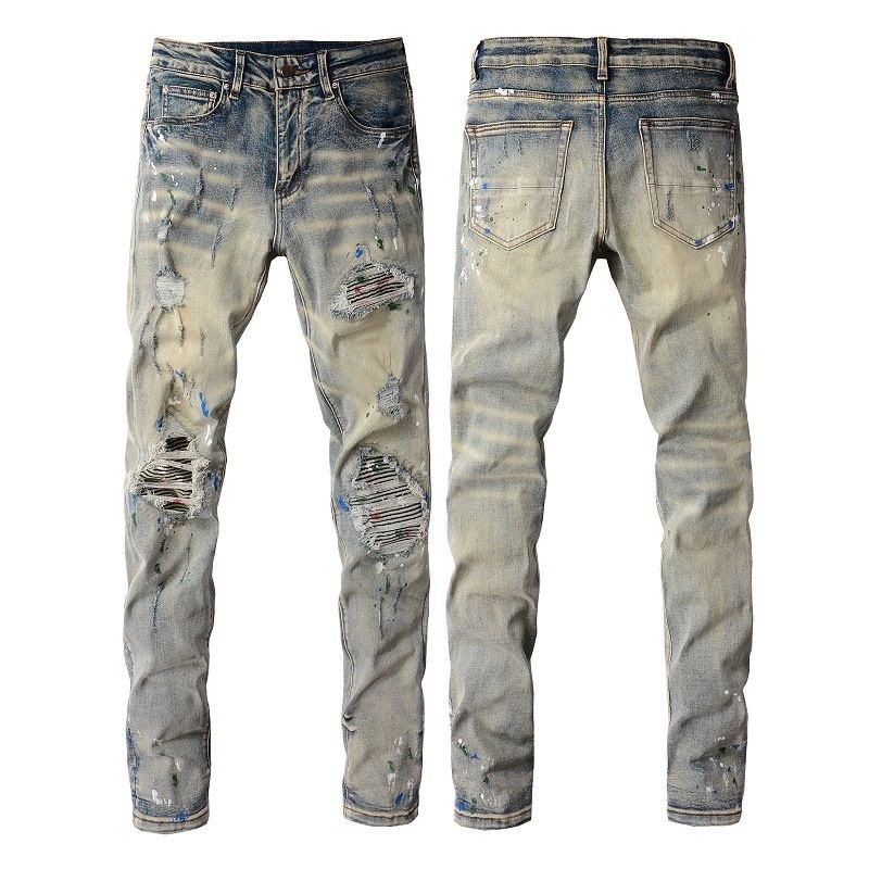 Loom European And American Style Jeans 98% Cotton + 2% Spandex High Street Graffiti Ripped Stretch Slim Fit Skinny Men's_mkmklike.com