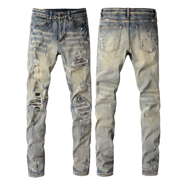 Loom European And American Style Jeans 98% Cotton + 2% Spandex High Street Graffiti Ripped Stretch Slim Fit Skinny Men's_mkmklike.com