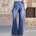 Women's Wide Leg Mid Rise Jeans Washed Stretch Denim No Belt_mkmklike.com