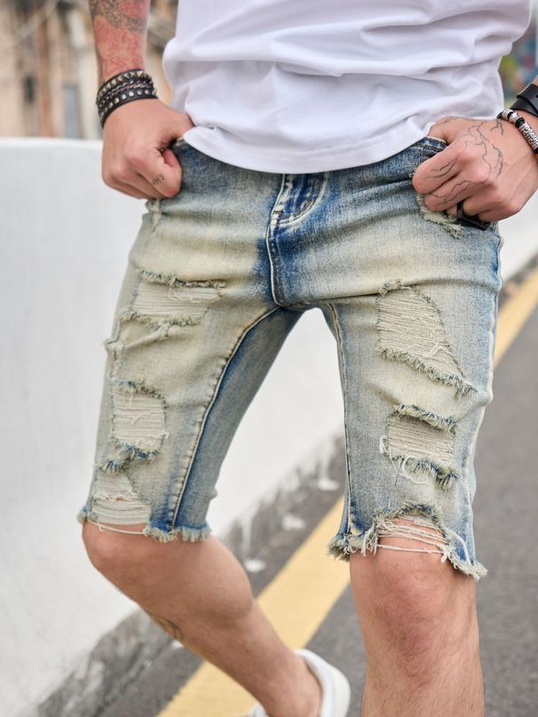 Retro Men's Clothing Slim Fit Skinny Jeans Trendy Distressed Five Point Denim High Waisted Blue Wash_mkmklike.com