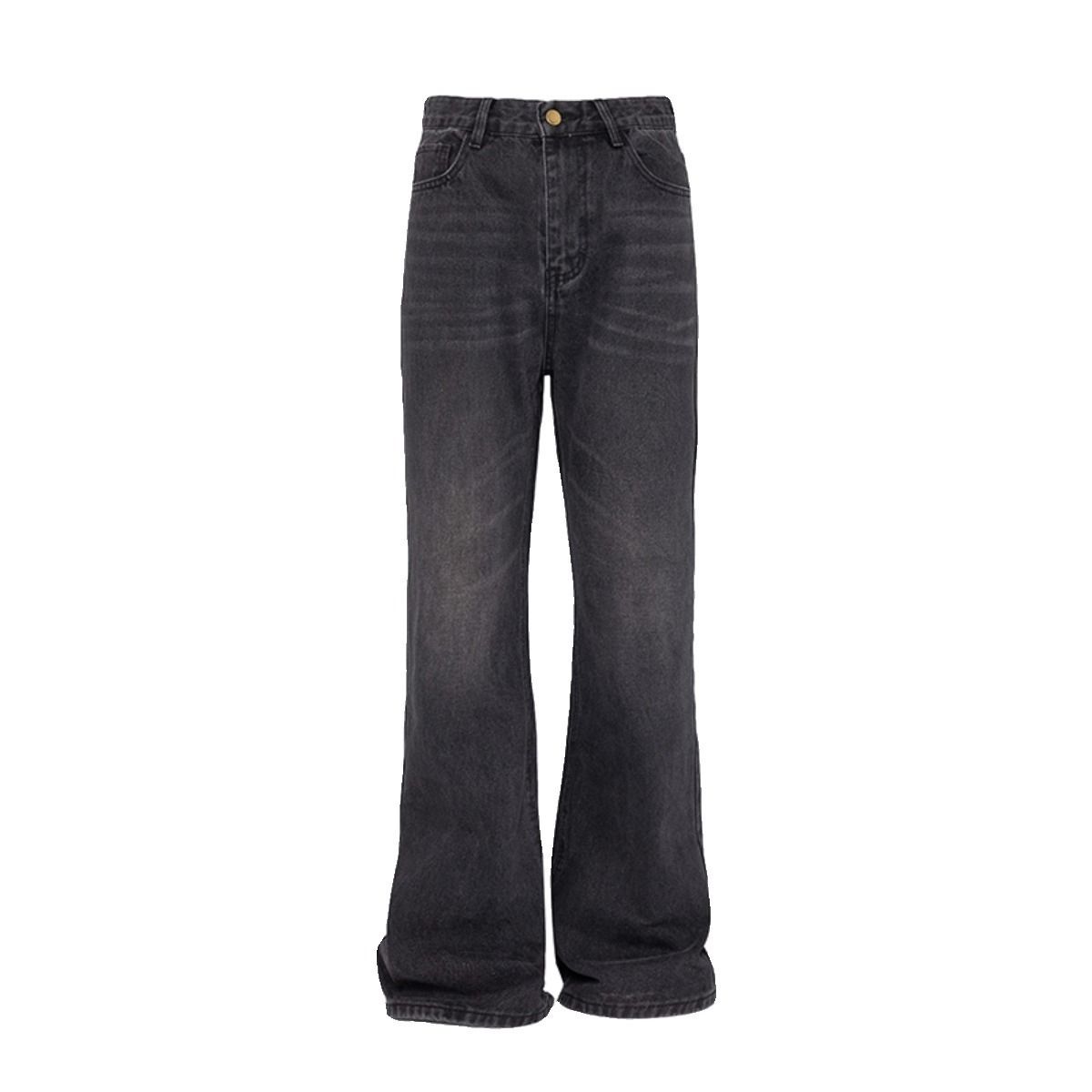 Men's Clothing Retro Cleanfit High Waisted Straight Leg Jeans Heavyweight Washed Black Distressed Trendy Floor Length For Men And Women_mkmklike.com
